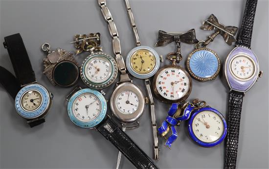 Nine assorted early 20th century white metal and enamel fob/wrist watches and a Victorian silver spinning fob.
